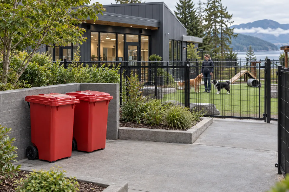 Illustrative pet-care facility with red collection bins beside a fenced outdoor area.