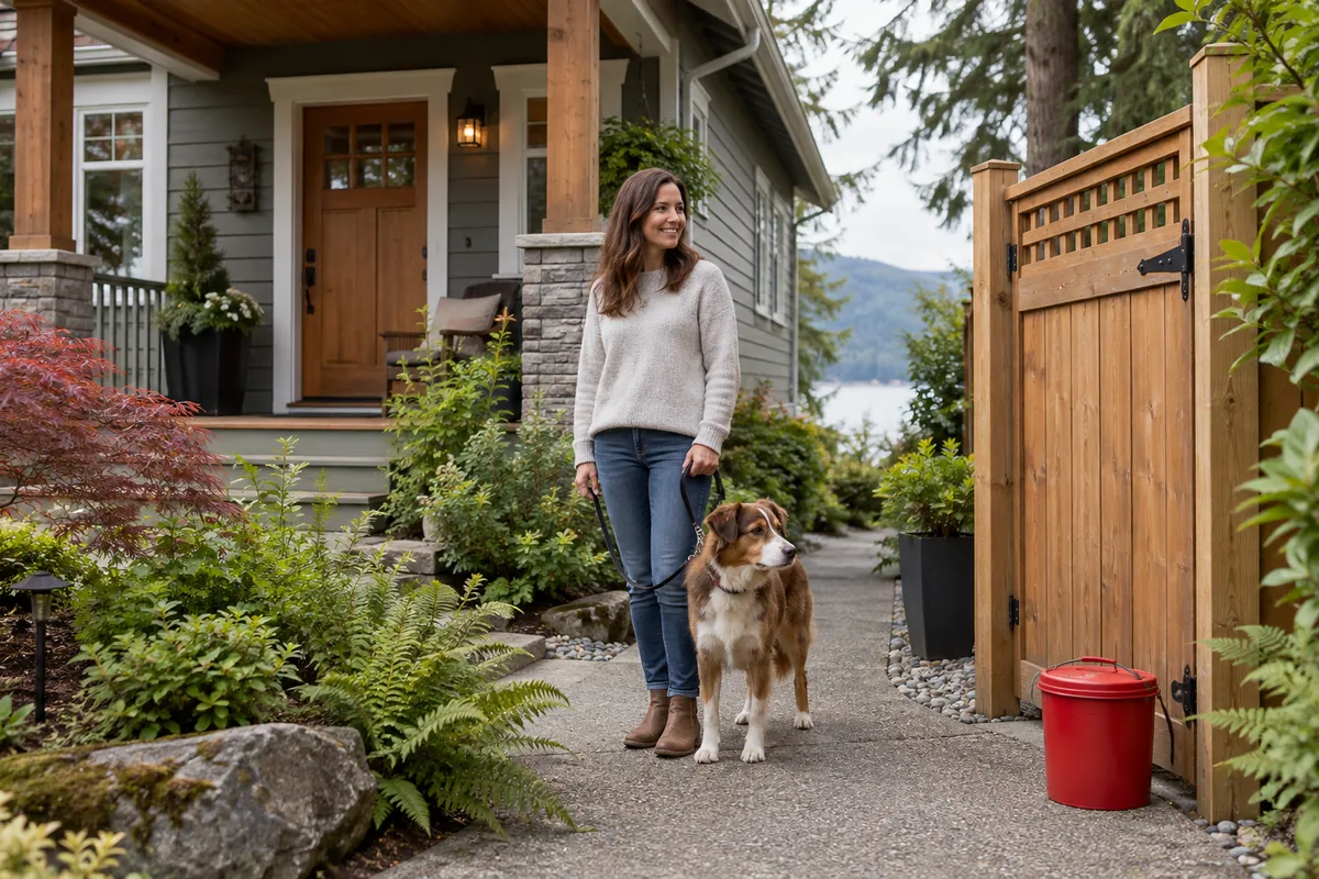 Illustrative homeowner and dog beside a house with a closed collection container near the gate.